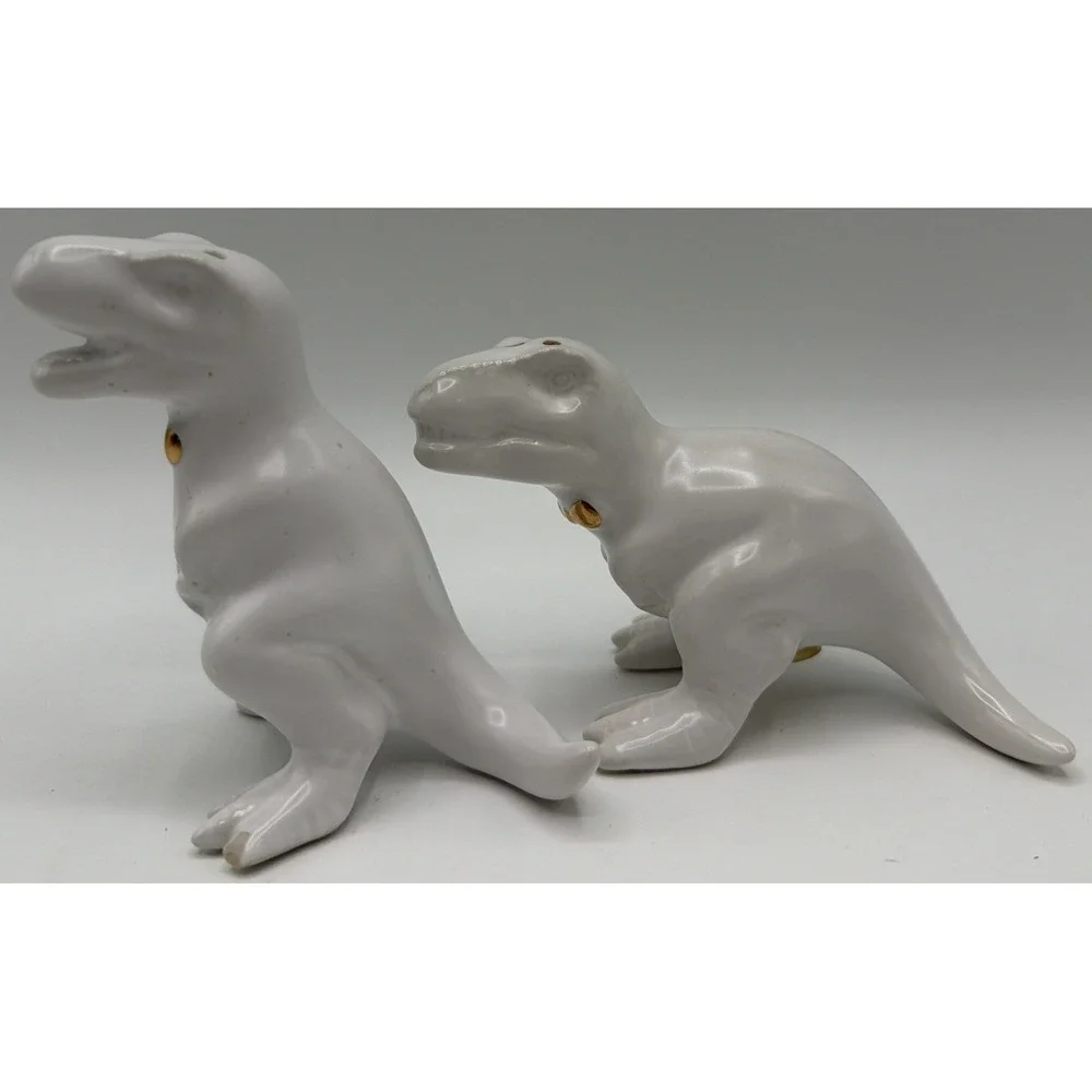 Target T-Rex Dinosaur White Ceramic Salt & Pepper Shakers Gold Bow Ties Retired.